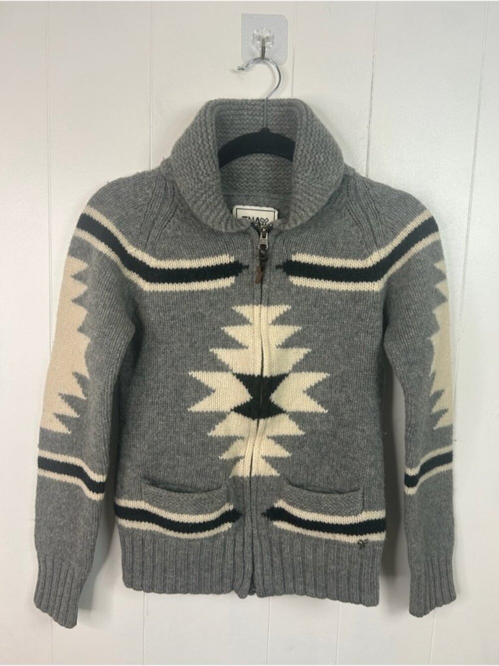 TNA Aritzia Gray Southwestern Zip Wool Shawl Collar Cardigan Sweater Western